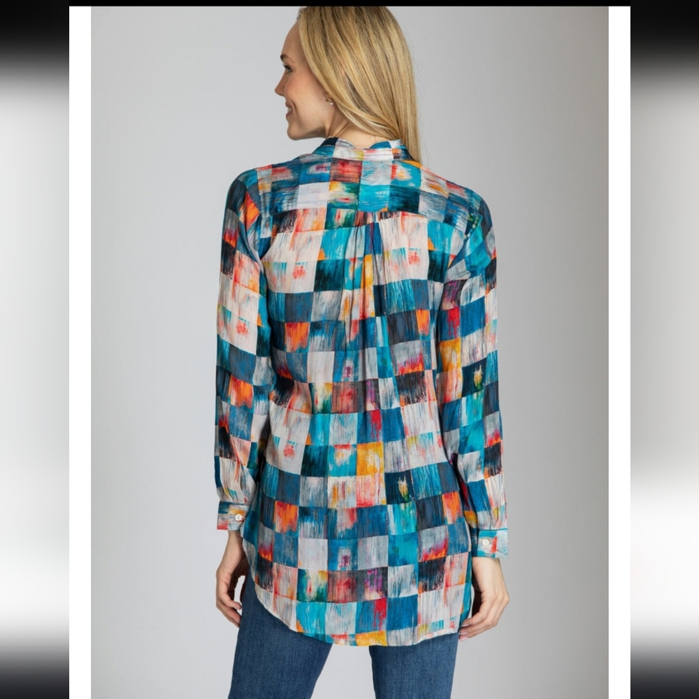 APNY tunic blouse size XL quarter button high low lightweight watercolor block - Picture 8 of 12